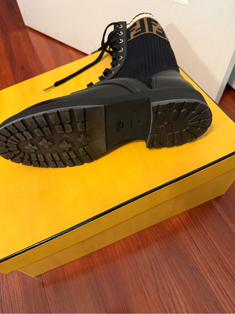 Fendi Black Combat Boot with Brown FF Knit Cuff and Cream Trim FIRM PRICE - Picture 3 of 4